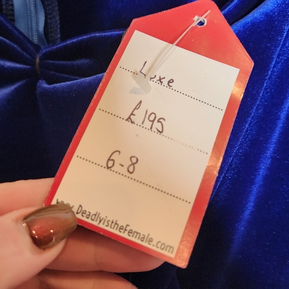 NWT Deadly Is The Female Blue Velvet On Off Shoulder Swing Dress Size UK 6/8 XS - Picture 5 of 16